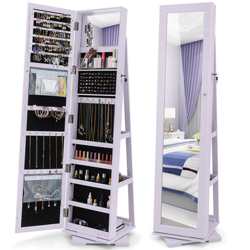 360 Rotating Jewelry Armoire Cabinet, Standing Jewelry Organizer w/Full-Length Mirror & Large Storage Space, Lockable