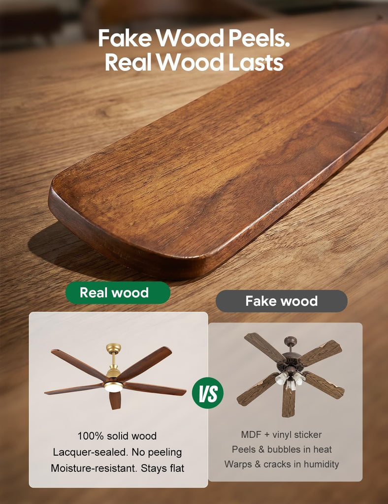 60 Inch Outdoor Ceiling Fan with Lights, Gold Brass Finish, 5 Solid Walnut Wood Blades, High CFM Quiet DC Motor