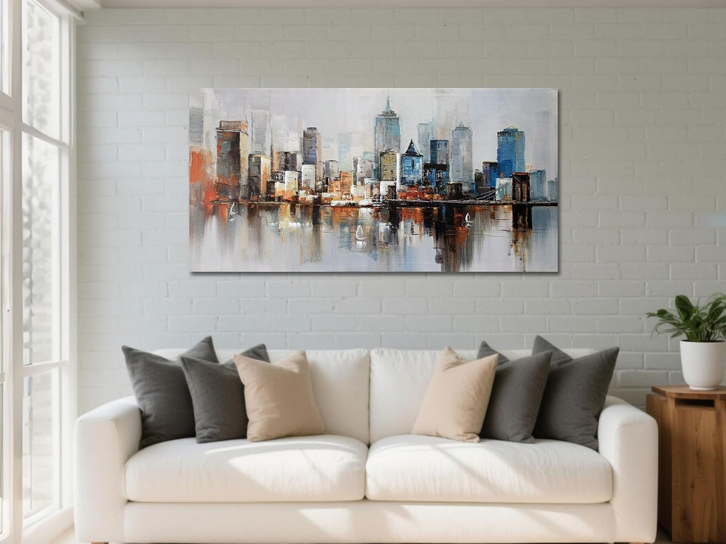 Brooklyn Bridge Wall Art Modern New York City Abstract Canvas Cityscape Painting Large Size Framed, Colorful NYC