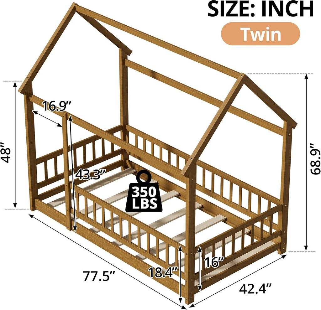 Montessori Floor Bed Frame with Slats and Fence, Wooden House Bed for Boys Girls Bedroom, Light Espresso