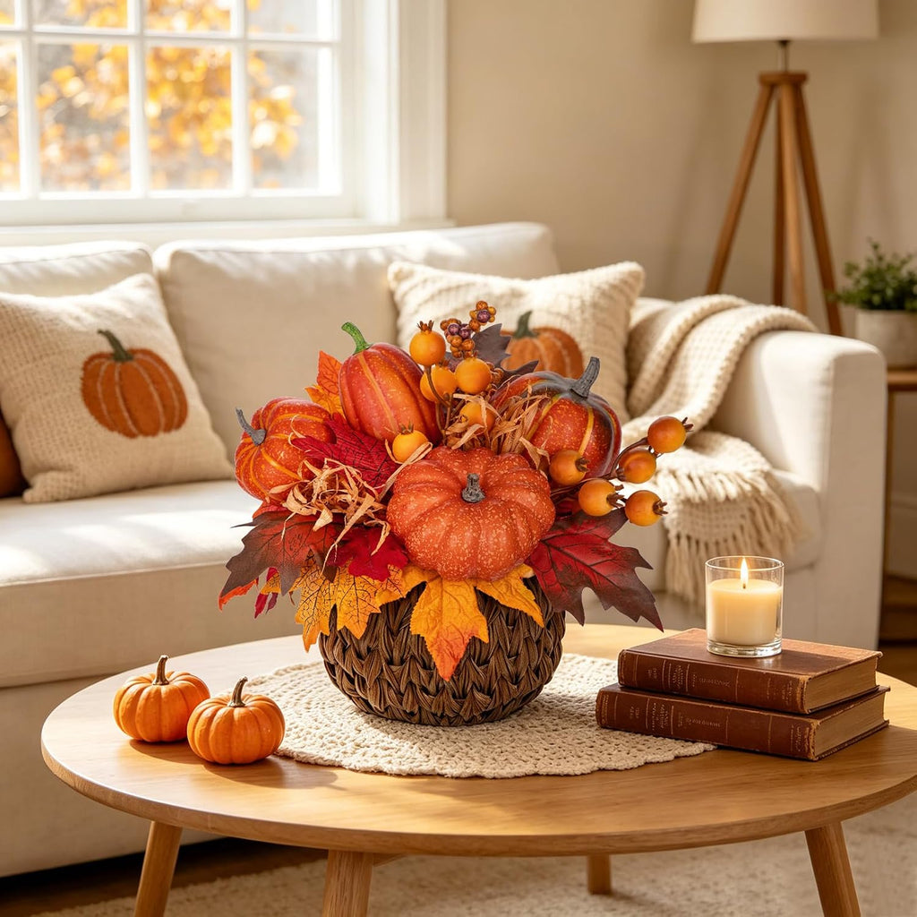10" Artificial Pumpkin Fall Centerpiece with Woven Basket Centerpiece