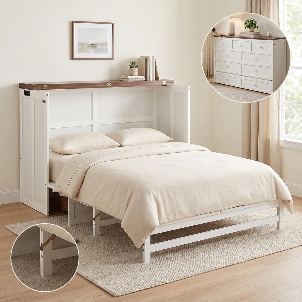 Queen Murphy Bed with Storage Drawer and USB Port, Wall Murphy Bed Frame with Charging Station, Foldable Cabinet