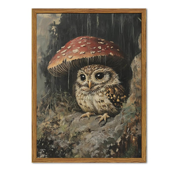 Framed Vintage Owl Canvas Wall Art, Cute Bird Mushroom Pictures Wall Decor, Cottagecore Forest Animal Paintings