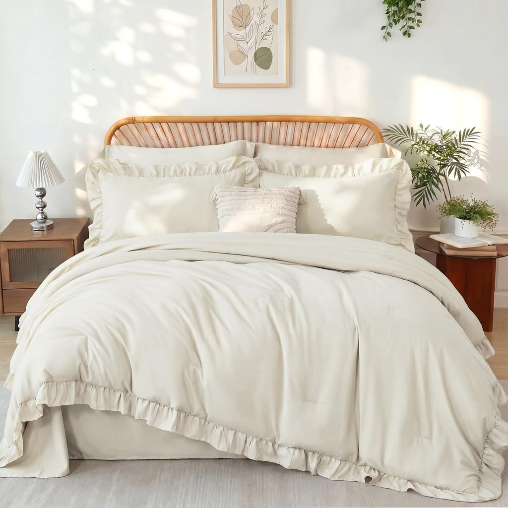 Beige Queen Comforter Set 5 Pieces Ruffle Shabby Chic Bedding Set for All Season Lightweight Fluffy Soft Microfiber