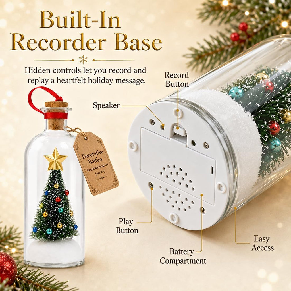 Recordable Christmas Tree in a Bottle Ornament,30-Second Voice Recording Keepsake with Snowy Mini Trees,Glass - Set of 3