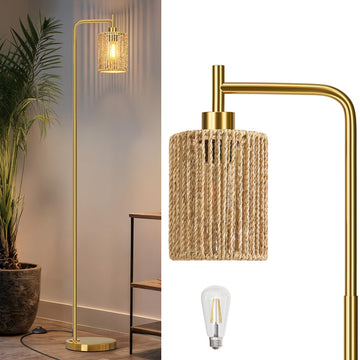 66" Gold Floor Lamp, Boho Floor Lamp with LED Bulb, Foot Switch, Rattan Shade, Industrial Tall Farmhouse Standing