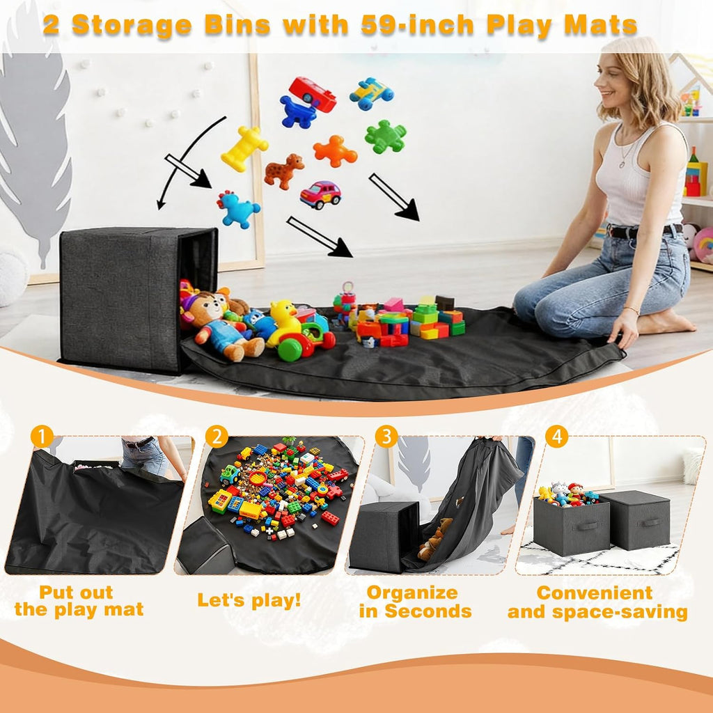 Kids Bookshelf, Stuffed Animal Storage with Play Mat, Wooden Toy Storage Organizer with 2 Movable Drawers and 3 Tier