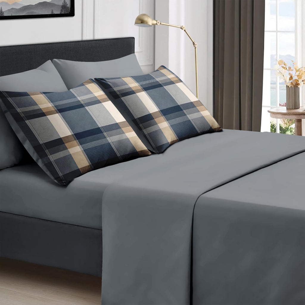 Comforter Set, 5 Pieces Plaid Navy Bedding Set