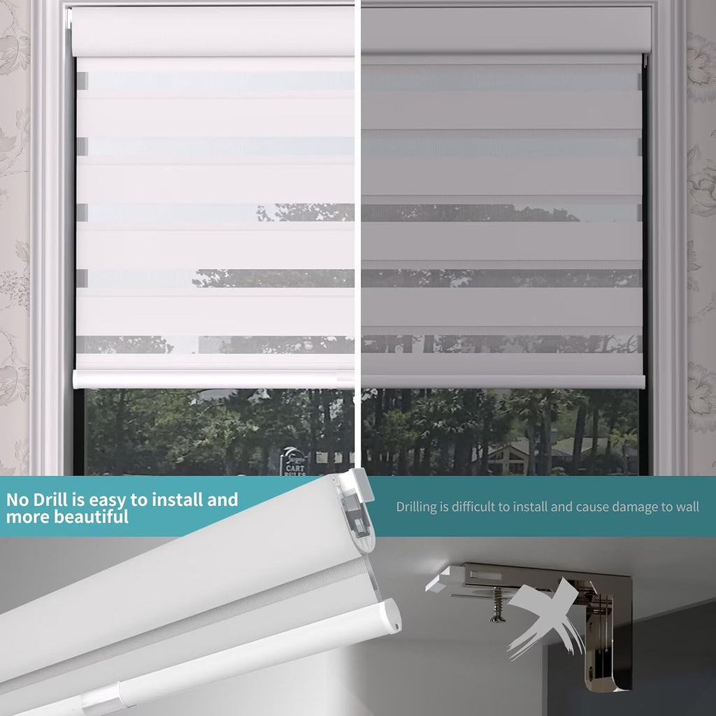Custom No Drill Zebra Roller Shades, Blackout(85%) Cordless Dual Layer No Drilling Day and Night Blind for Windows