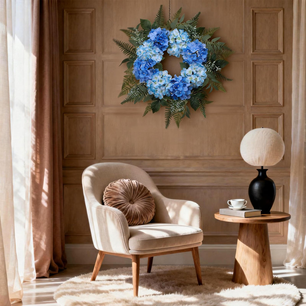 26 Inch Hydrangea Summer Wreaths for Front Door, Blue Hydrangea Wreath Artificial Door Wreaths Spring Summer Decor