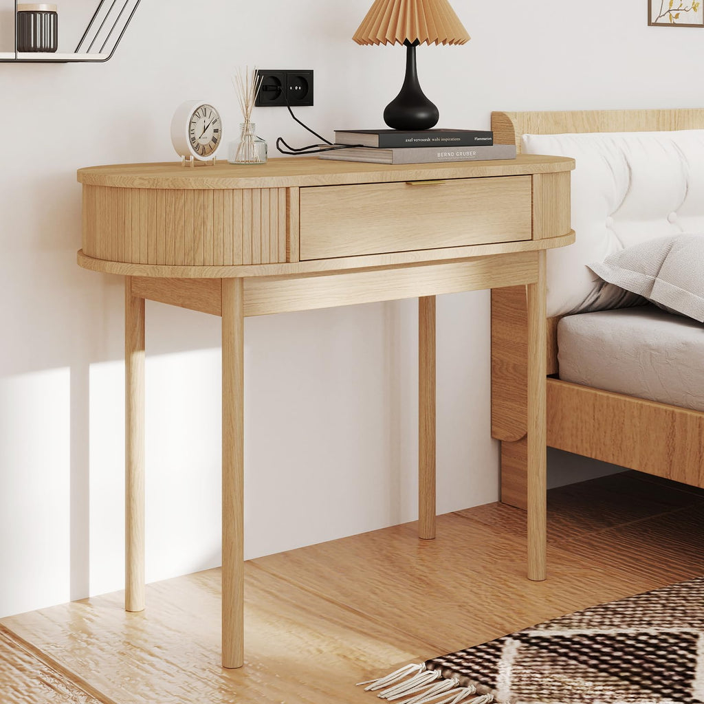 39 Inch Small Computer Desk with Drawer, Mid-Century Modern Writing Desk with Solid Wood Legs - Compact Home Office