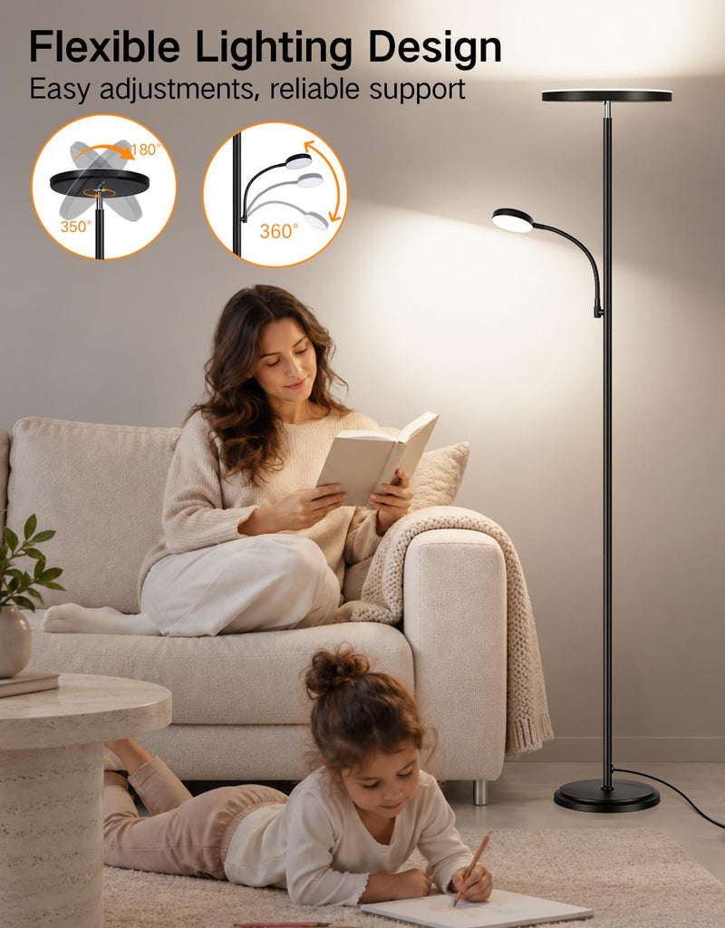 LED Torchiere Floor Lamp with Reading Light, Dimmable Standing Lamp