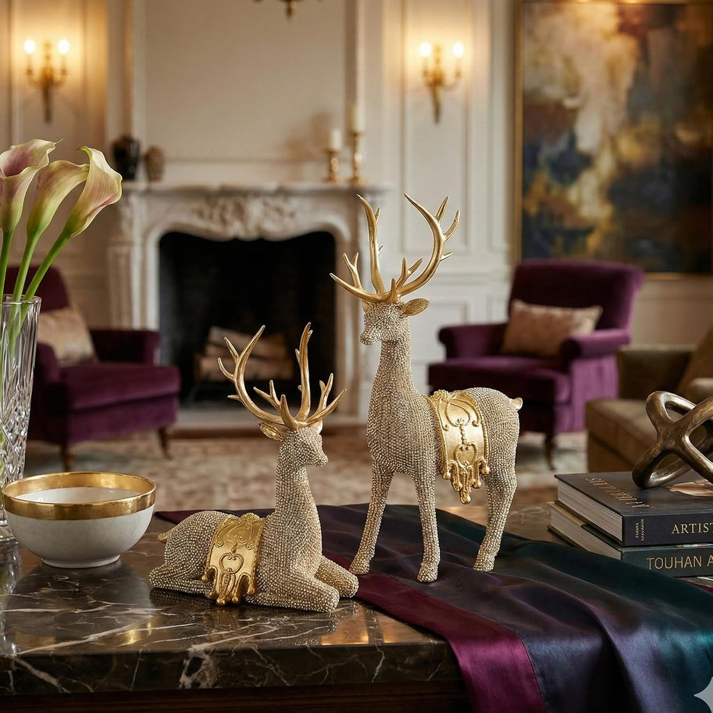 Gold Reindeer Figurines Set of 2 for Christmas Tabletop Decor