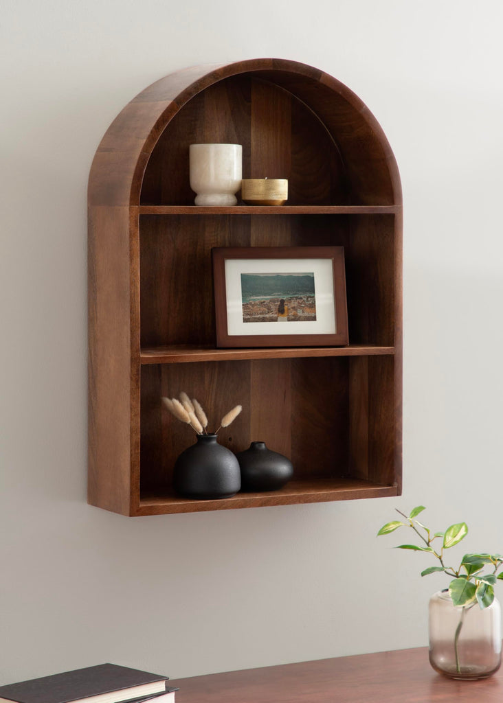 Arcott Modern Arched Wall Shelf, 18 x 26, Walnut Brown, Transitional Arch Wall Shelves for Over-the-Toilet Storage or