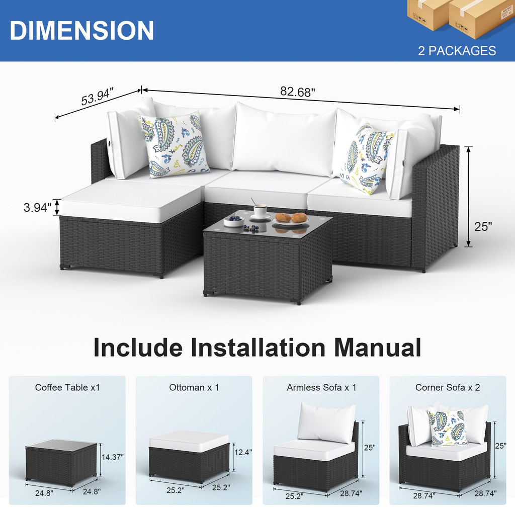 Set, 5PCS Outdoor Sectional with Ottoman Wicker Rattan Patio Couch with Thickened Cushion Modular Wicker