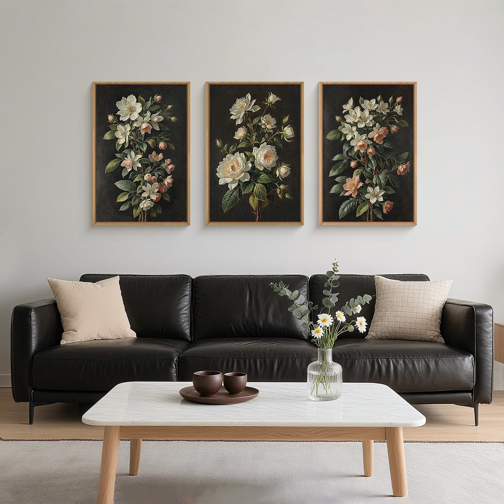 Large Dark Moody Flowers Framed Canvas Print Wall Art Set,Vintage Antique Black Botanical Wall Decor,Retro Modern