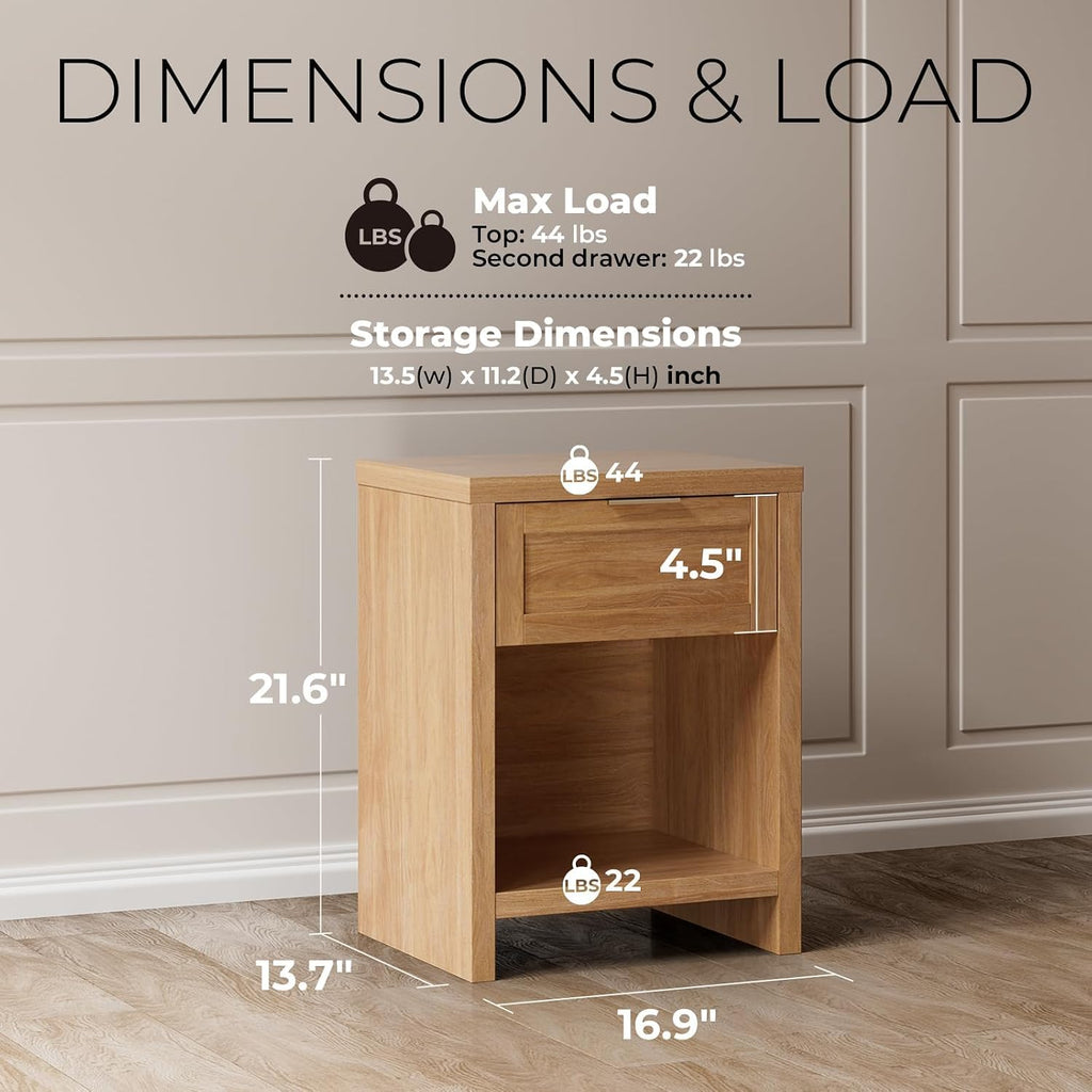 Nightstand with Drawer, Boho Bedside Table, Weathered Oak