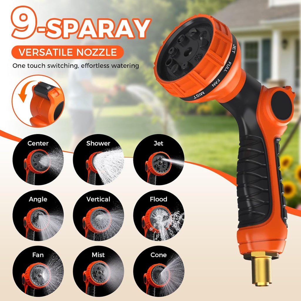 Upgraded Retractable Garden Hose Reel 1/2" x 130 ft 9 Pattern Nozzle Any Length Lock Wall-Mounted Automatic Slow