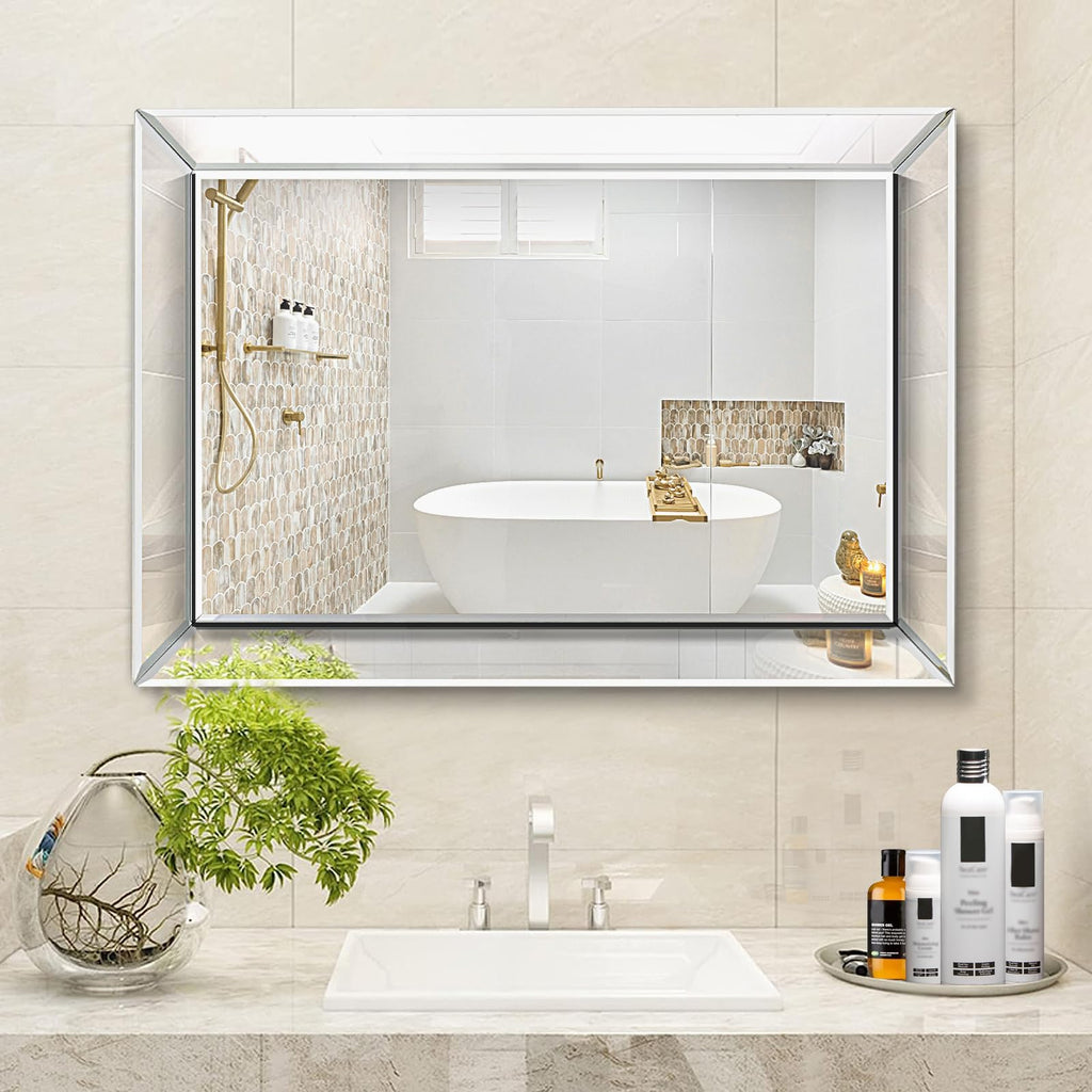 Wall Mirror, 24" x 36" Rectangular Frameless Vanity Mirror, Polished Beveled for Over Sink