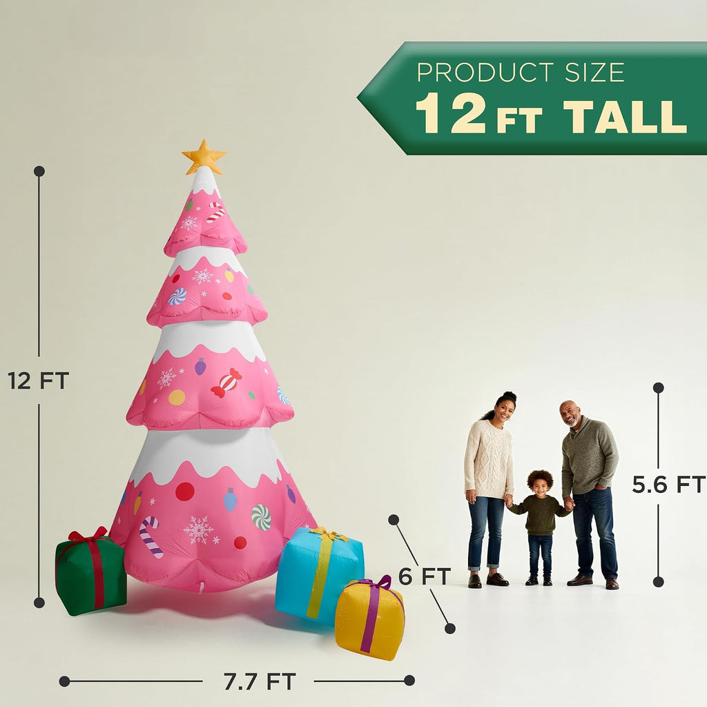 12 FT Pink Christmas Tree Inflatables Outdoor Decorations, Blow Up Candy-Themed Xmas Tree with Rotating Projection