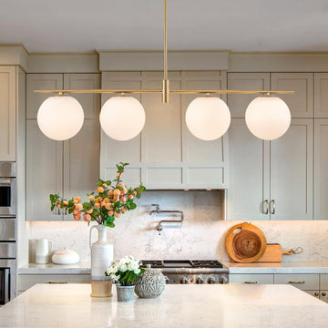 45.3" Modern Linear Chandelier 4-Lights Milk Glass Globe Linear Pendant Light Fixture Brushed Gold Mid Century