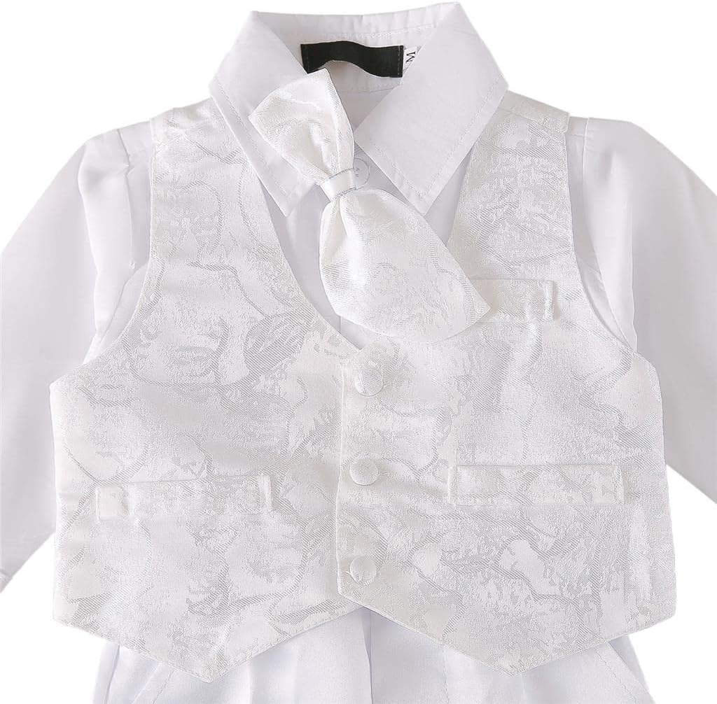 Infant Baby Boy Christening Baptism Outfit White Suit 5 Pieces Clothing Set with Bonnet Hat to