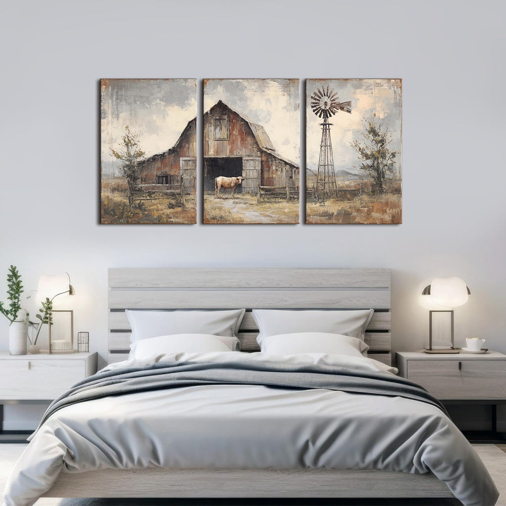 Rustic Farmhouse Wall Art Vintage Windmill Wilderness Canvas Painting Nature Village Scenery Canvas Artwork Farm Cow