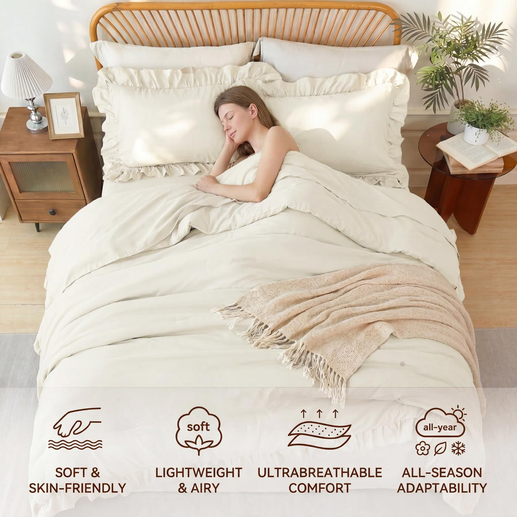 Beige Queen Comforter Set 5 Pieces Ruffle Shabby Chic Bedding Set for All Season Lightweight Fluffy Soft Microfiber