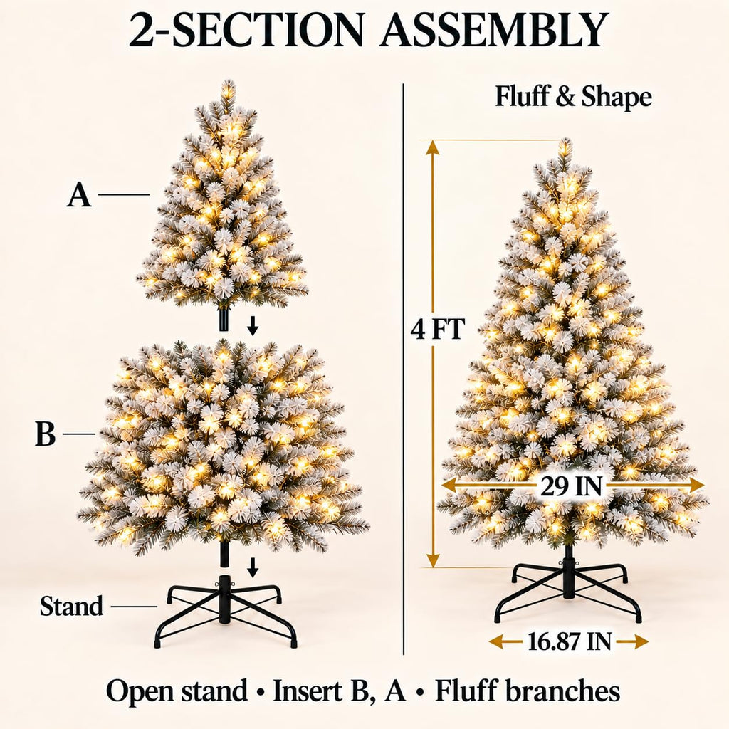 4ft Prelit Artificial Flocked Snow Spruce Christmas Tree Xmas, White