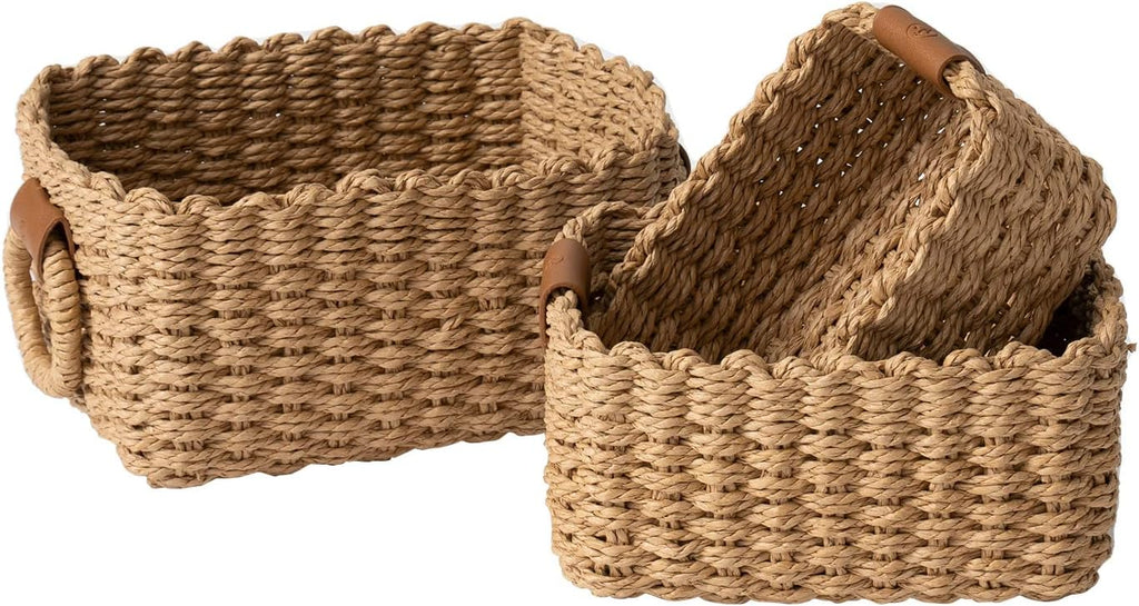 Small Wicker Baskets for Organizing, Desert 3 Pack | Decorative Organizer with Vegan Leather Tag, Round Handle