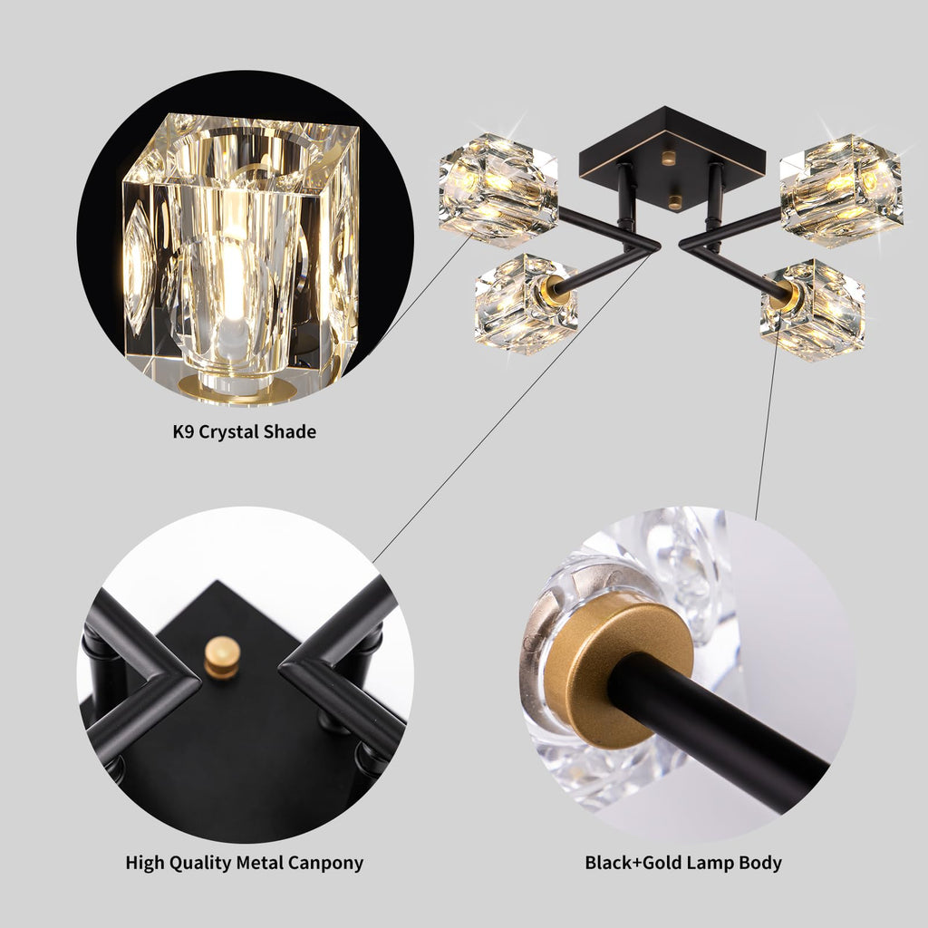 Modern Crystal Ceiling Light, Semi Flush Mount Ceiling Light Fixture with 4-Lights, Black and Gold Sputnik Chandeliers