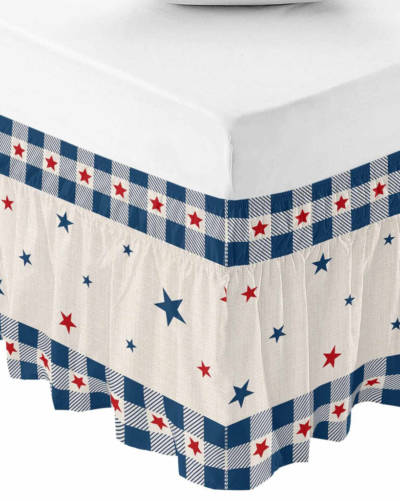 Blue Red Stars Bed Skirt 16 Inch Drop, Adjustable & Elastic Wrap Around Bed Skirts Pleated Luxury Dust
