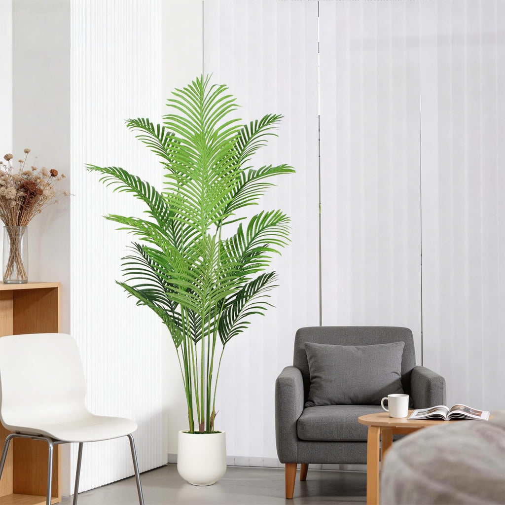 Artificial Palm Tree 6FT with White Planter, Realistic Faux Tropical Plant with Lifelike Green Leaves, Indoor