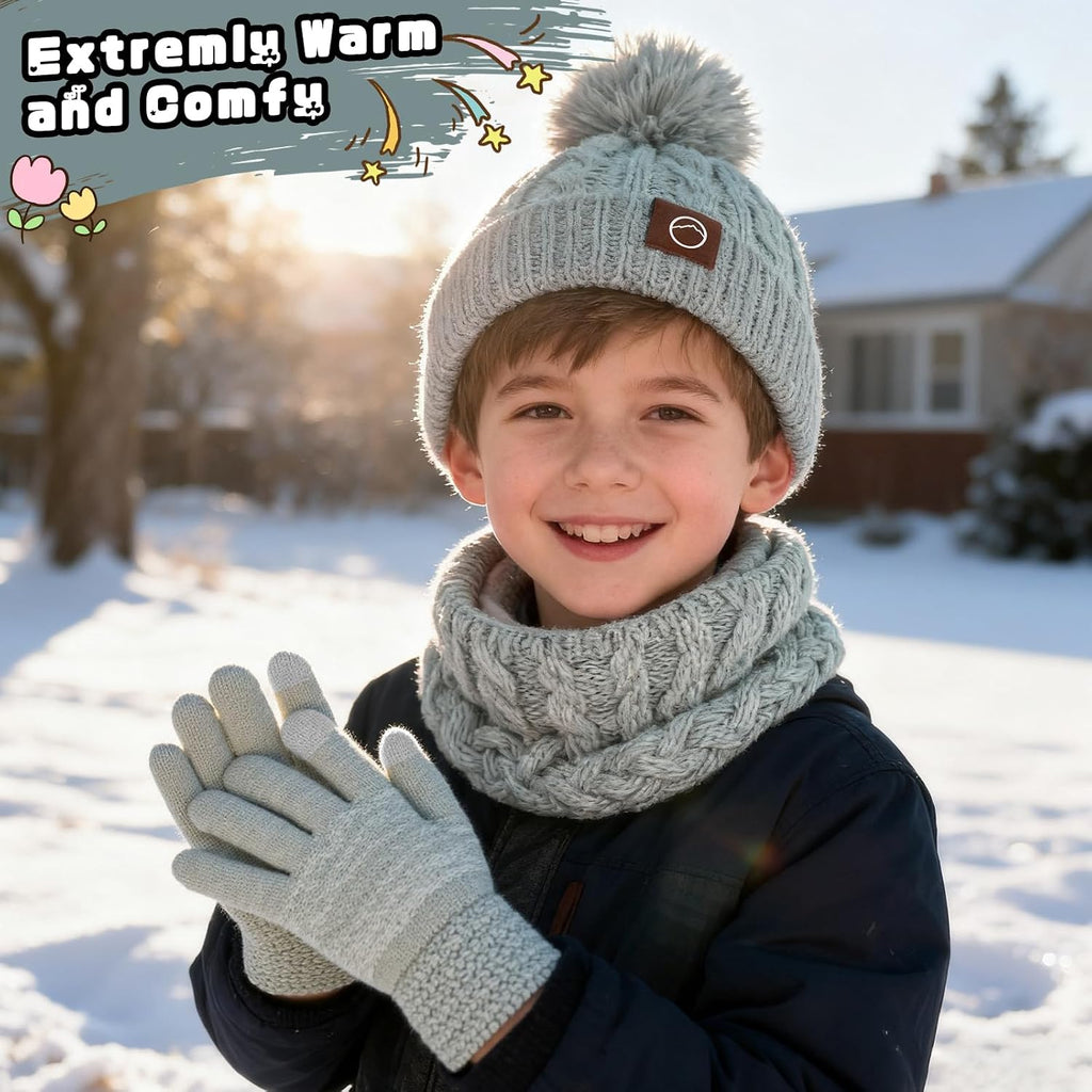 Kids Winter Hat Gloves Scarf Set, Girls Boys Hats Beanie with Pom