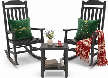 Outdoor Rocking Chairs Set of 2 and Side Table, All Weather Thickened Resin