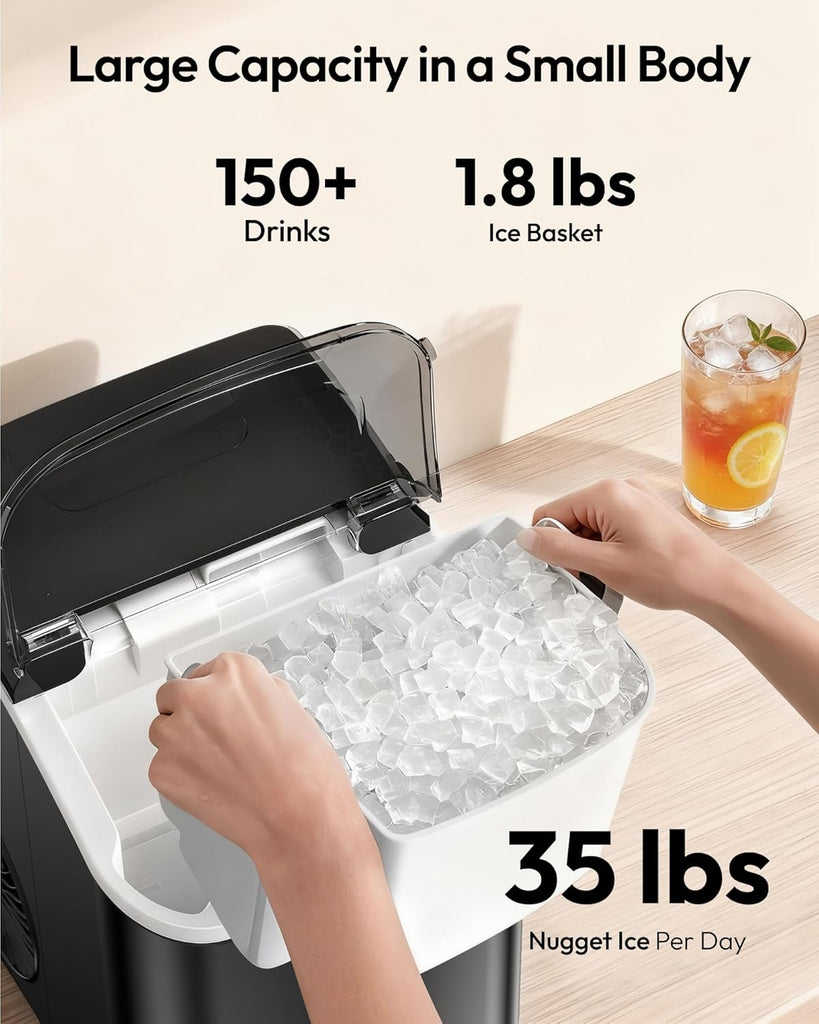 Nugget Ice Maker Countertop with Handle, Ready in 6 Mins, 35lbs Per Day, Removable Top Cover, Auto-Cleaning, Portable