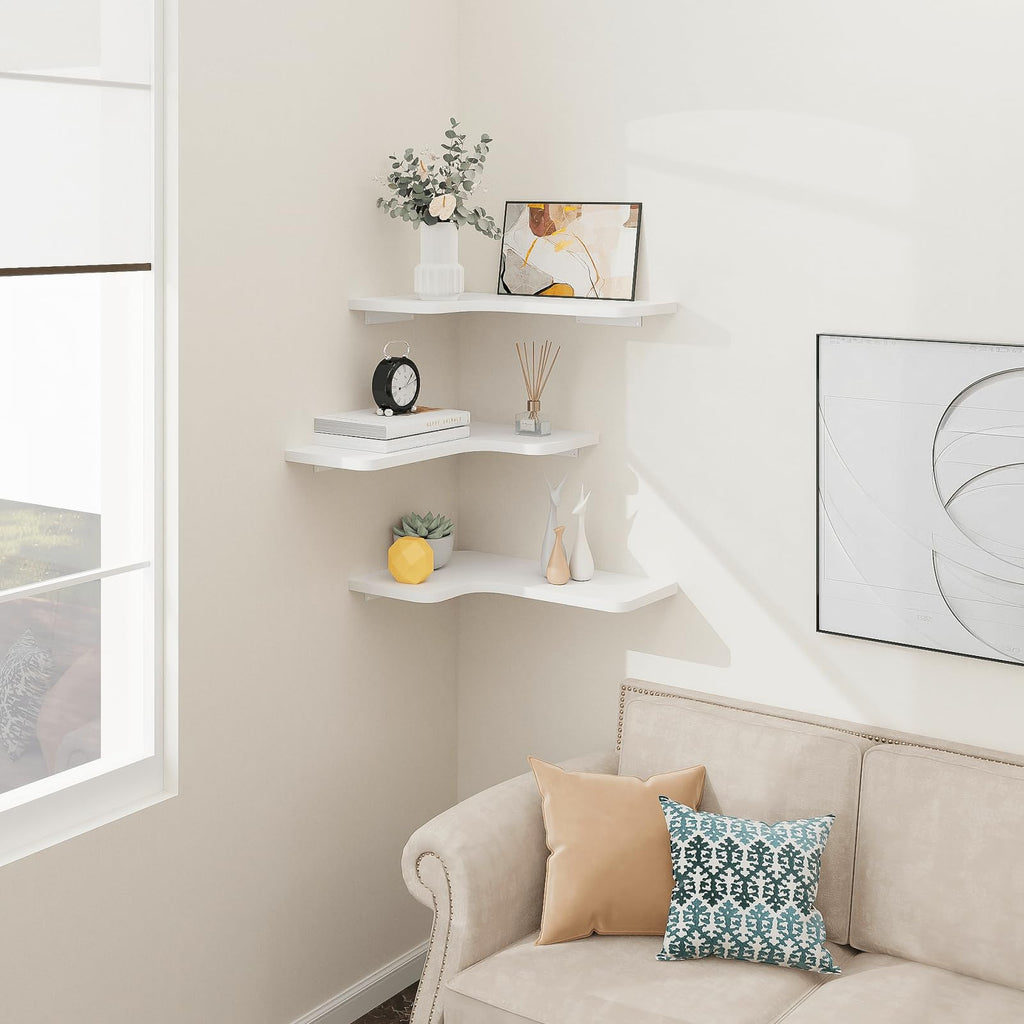 Corner Floating Shelves, Set of 3 Corner Wall Shelves with Wire Hole, L-Shaped Wood Hanging Storage Shelf for Wall