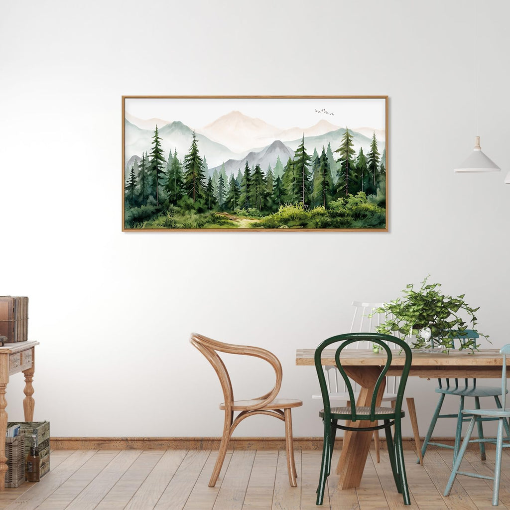 Green Forest Tree Mountain Range Framed Canvas Wall Art, Watercolor Nature Wall Decor, Woodland Nursery Wall
