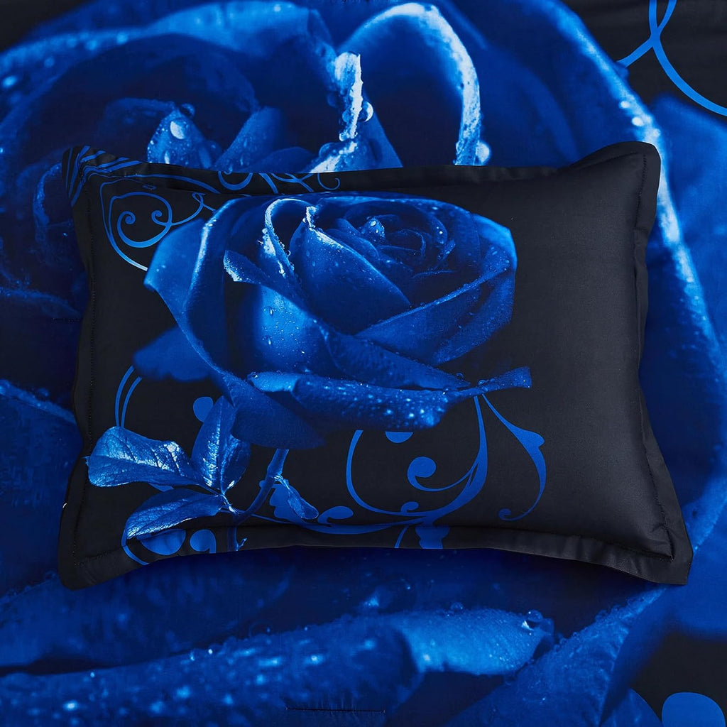 Xruibed Blue Comforter Set Queen 7 Piece Bed in a Bag Blue Rose Comforter with Sheet Set Soft Micorfiber Reversible