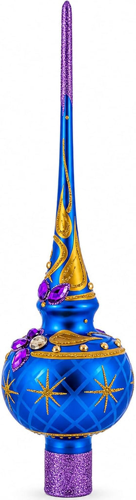 Purple Jewels Golden Leaves on Blue Glass Christmas Tree Topper 11 Inches