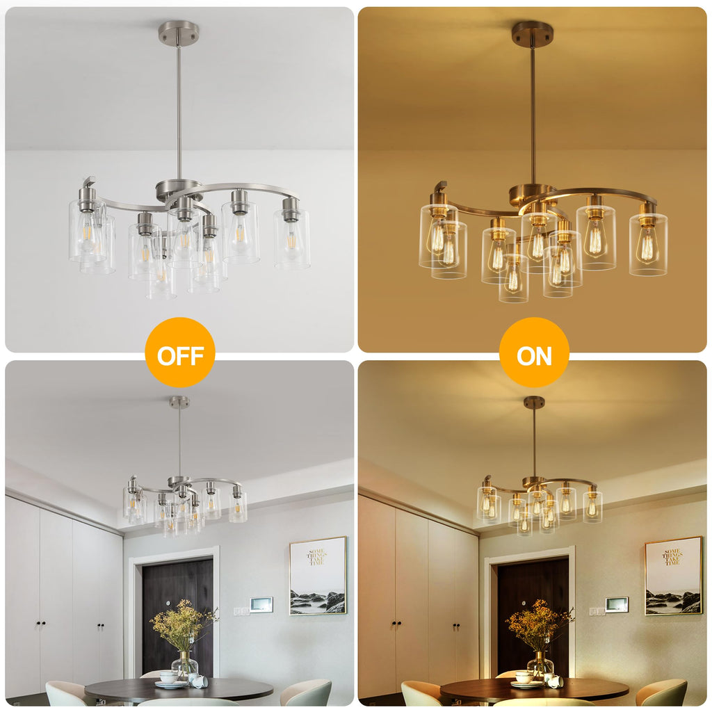 9-Light Brushed Nickel Glass Chandelier, Adjustable Height Hanging Industrial Dining Room Chandelier Over Table