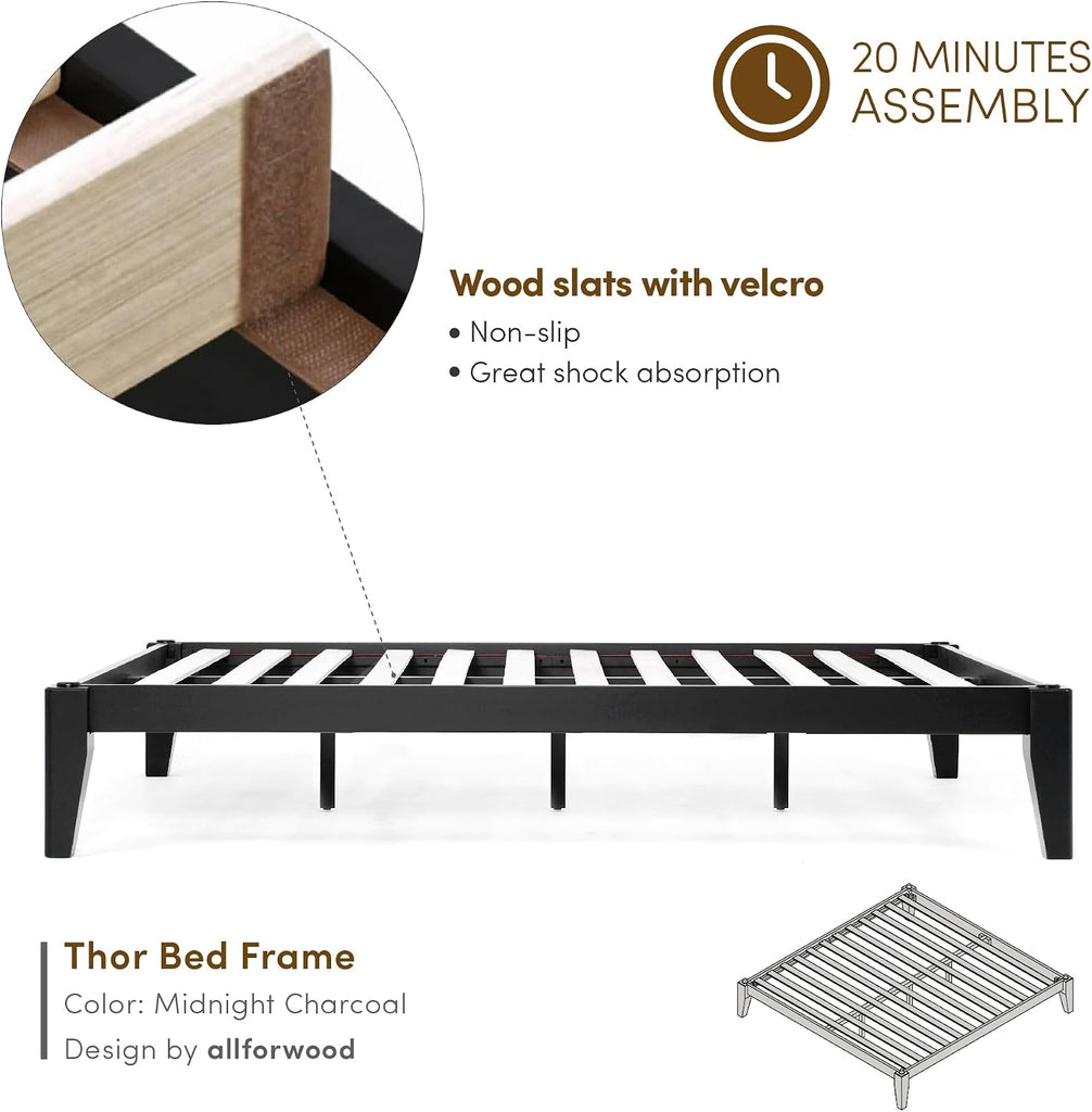 Japanese Joinery Bed Frame, Solid Wood (Midnight Charcoal)