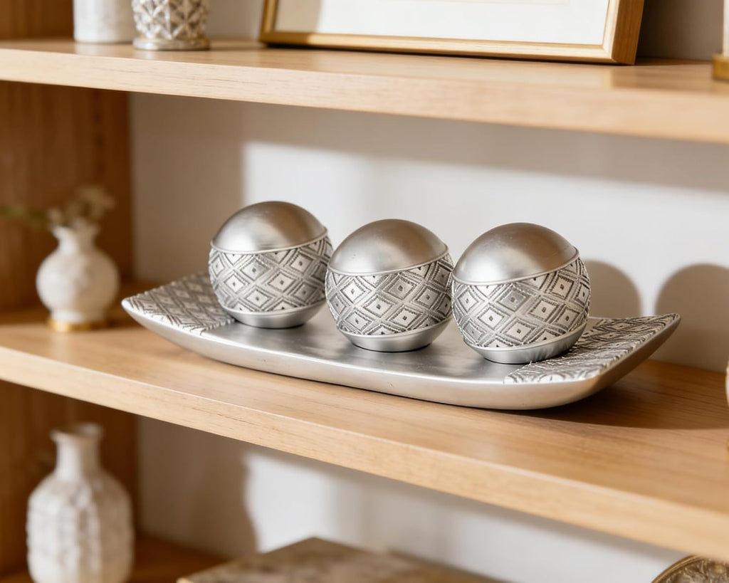 Silver Decorative Orbs with Tray Set, 3Pcs Resin Decorative Balls with Tray, Modern Accent Sphere for Coffee Table