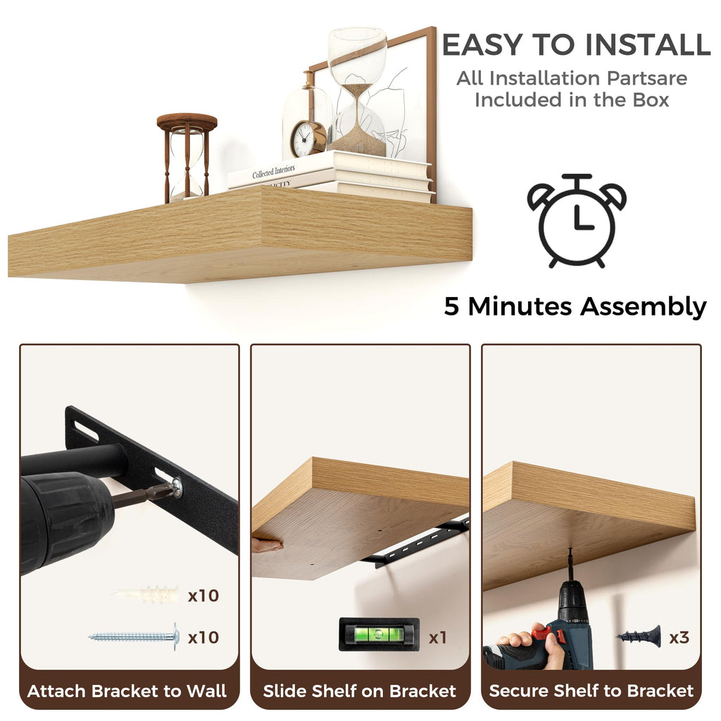 36 Inch Floating Shelves for Wall, 12"D Wood Storage Shelves, Oak Finish