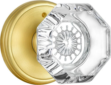 Gold Door Knob with Lock, Octagon Crystal Glass Door Knobs for Interior Door, Privacy Function Bathroom Bedroom Door