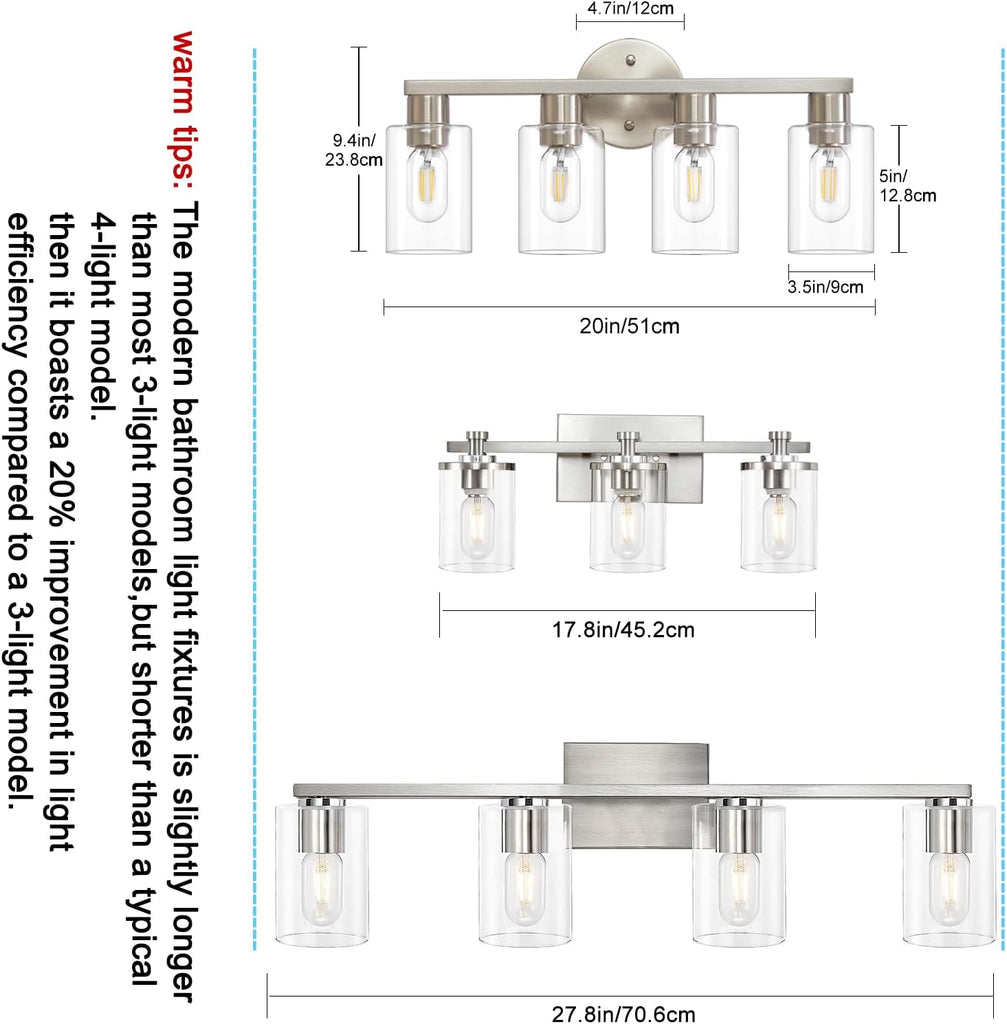 4 Light Bathroom Vanity Light, Brushed Nickel 4-Light Bathroom Light Fixtures, Vanity Lights for Make-Up Mirror