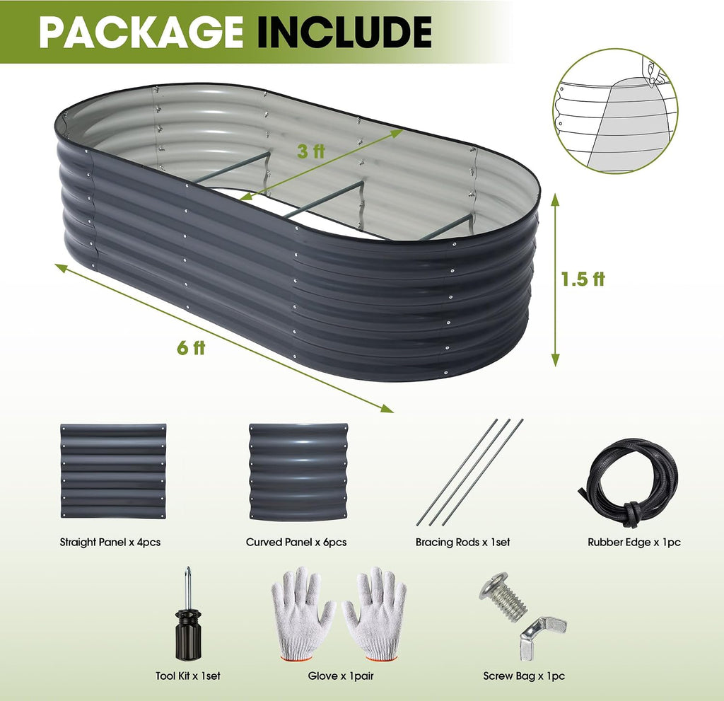 6x3x1.5ft Galvanized Raised Garden Bed Outdoor, 18'' Oval Large Metal Planter Garden Boxes for Gardening, Planting