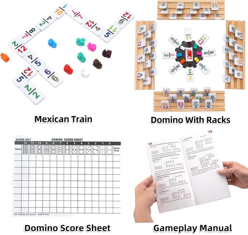 Mexican Train Dominoes Double 12, 91 Number Tiles, 8 Wooden Holders