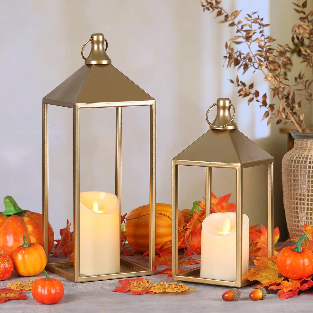 Decorative Candle Lanterns Indoor, 2 Pcs Gold Metal Lanterns with Candles