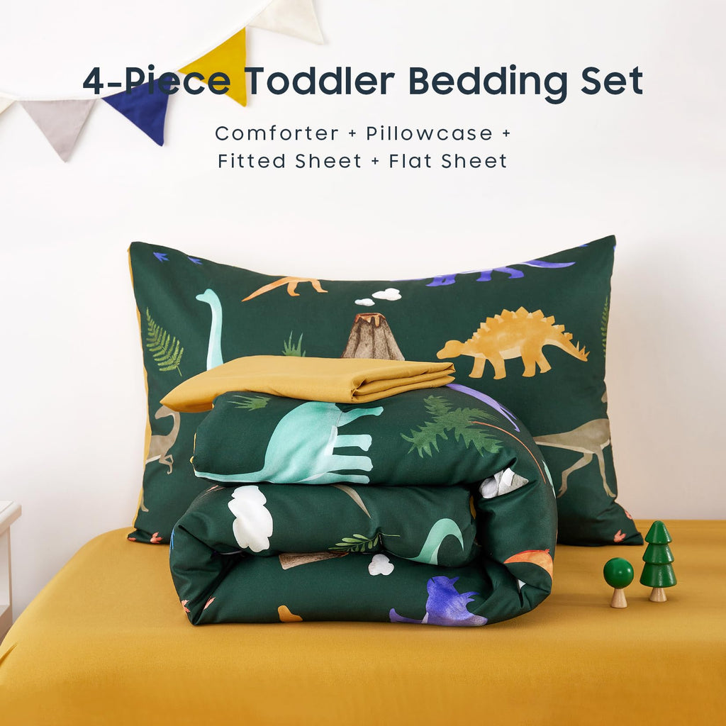 Toddler Bedding Set for Boys, Colorful Jurassic Dinosaur Volcano, 4 Pieces Soft Crib Bed Set Including Comforter